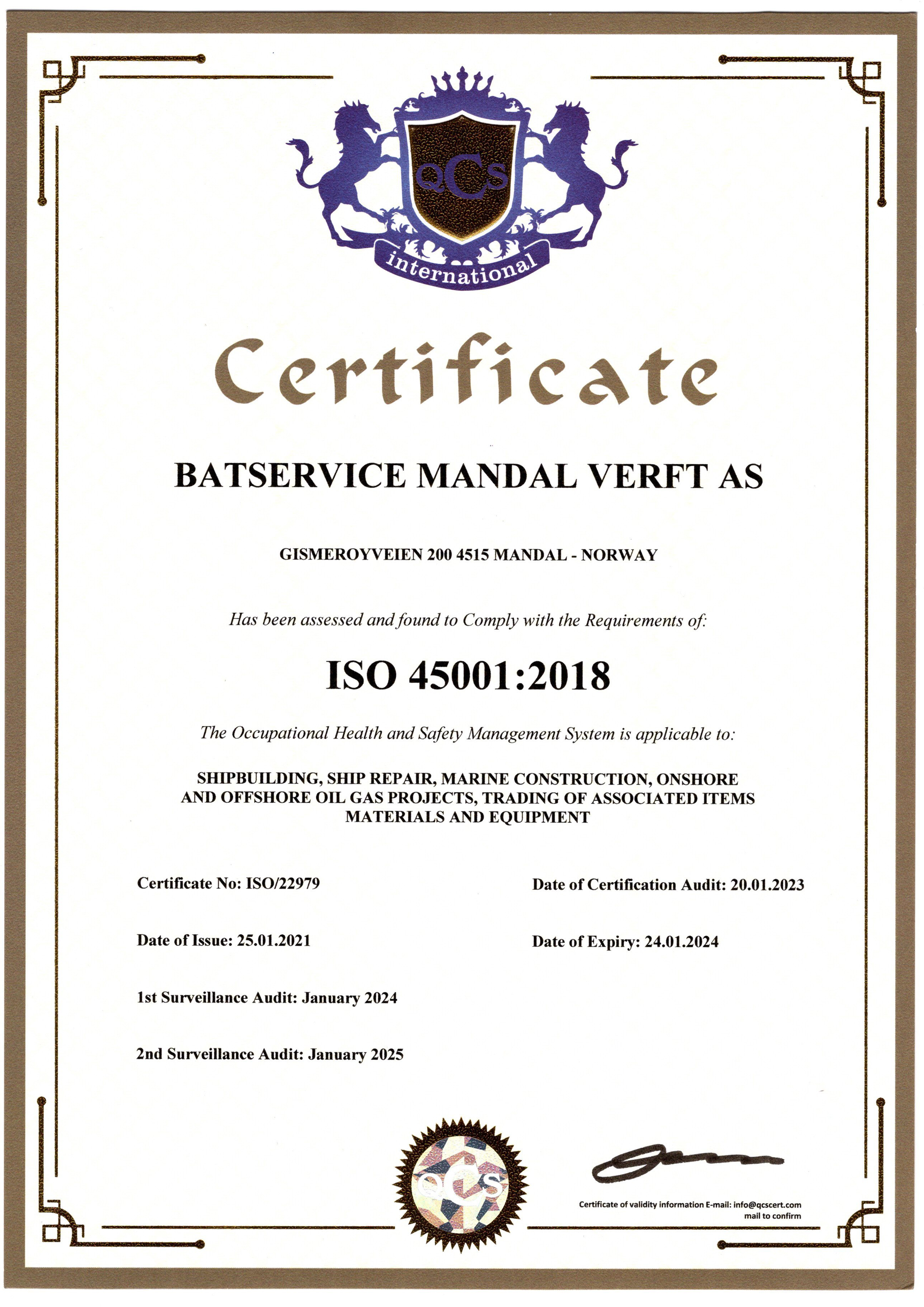 BATSERVICE MANDAL VERFT AS ISO 45001-2018
